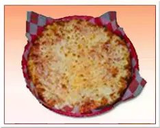 a cheese pizza in a basket