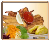 a plate of food with a white border